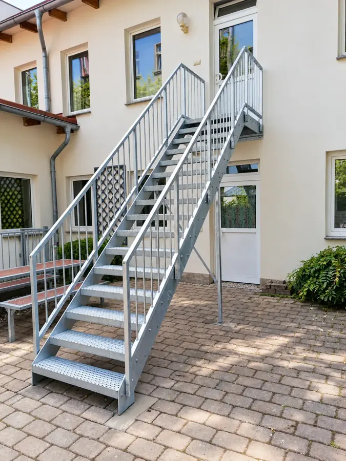 Außentreppe aus Stahl: Treppenkonstruktion mit Gitterroststufen und Handläufen