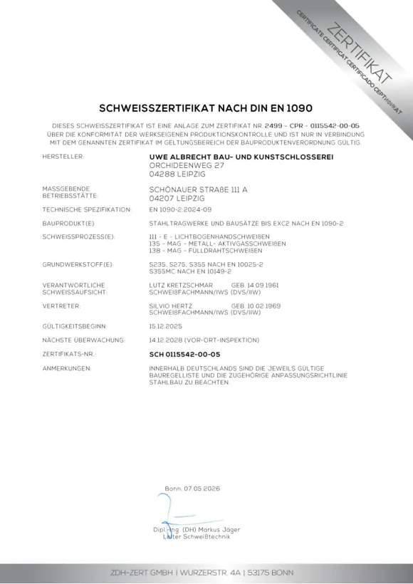 Vorschau des Schweißzertifikats nach DIN EN 1090